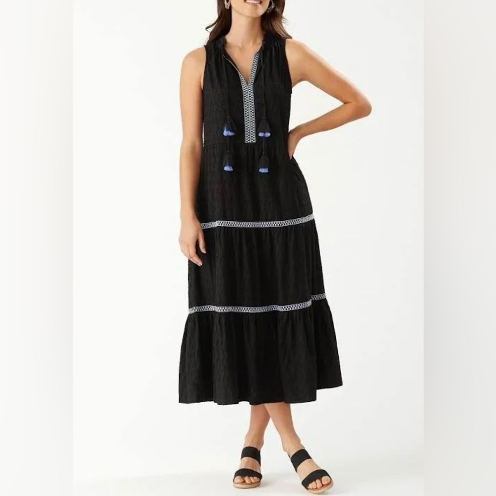 Tommy Bahama Black Embroidered Tiered Maxi Dress Cotton Boho Resortwear Cottage